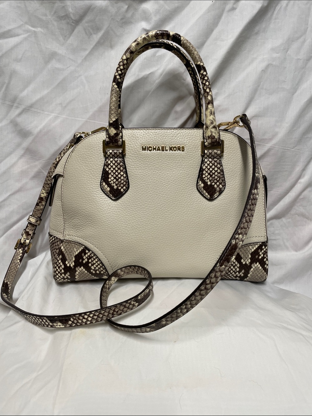Michael Kors Cream Satchel with Snake-Print Accents